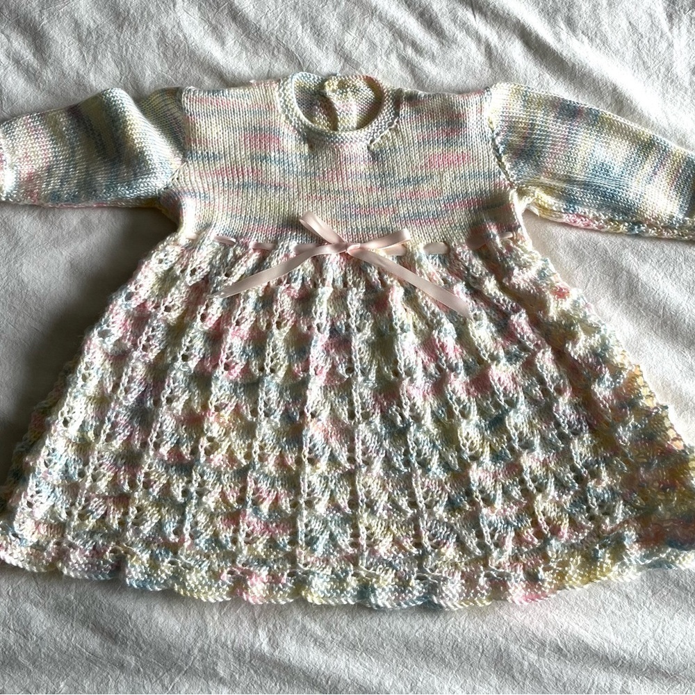 Handmade Knitted Pastel Multicolour Baby Dress Size 0-6M Christening Soft Comfy